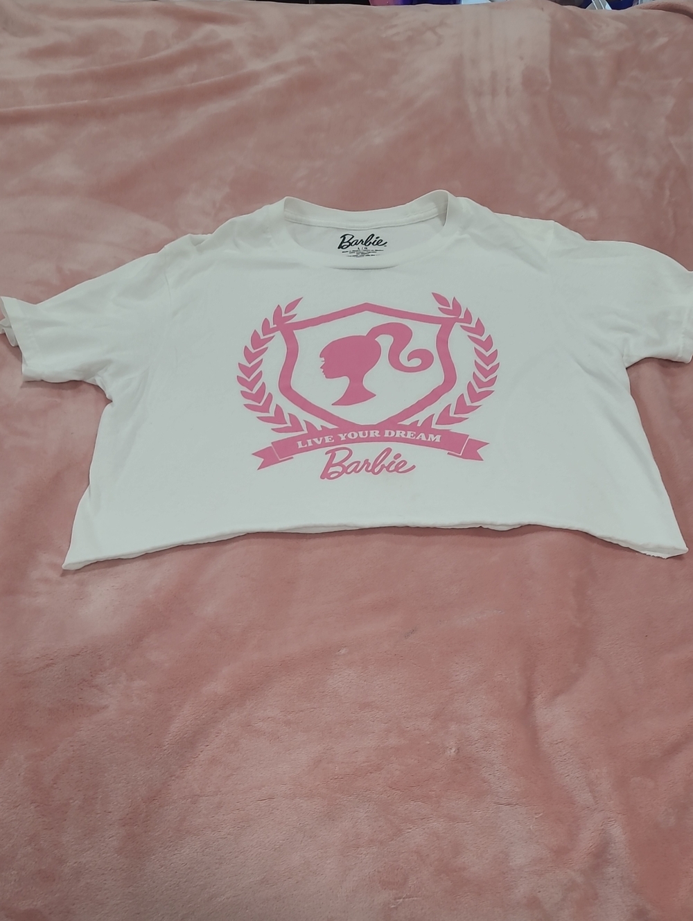 Barbie White Cropped Tee with Pink Crest Graphic
